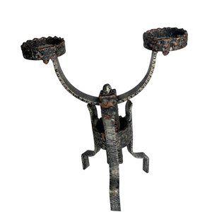 Medieval Brutalist Goth Style Wrought Iron Dual Candle Holder Patina Finish Vtg